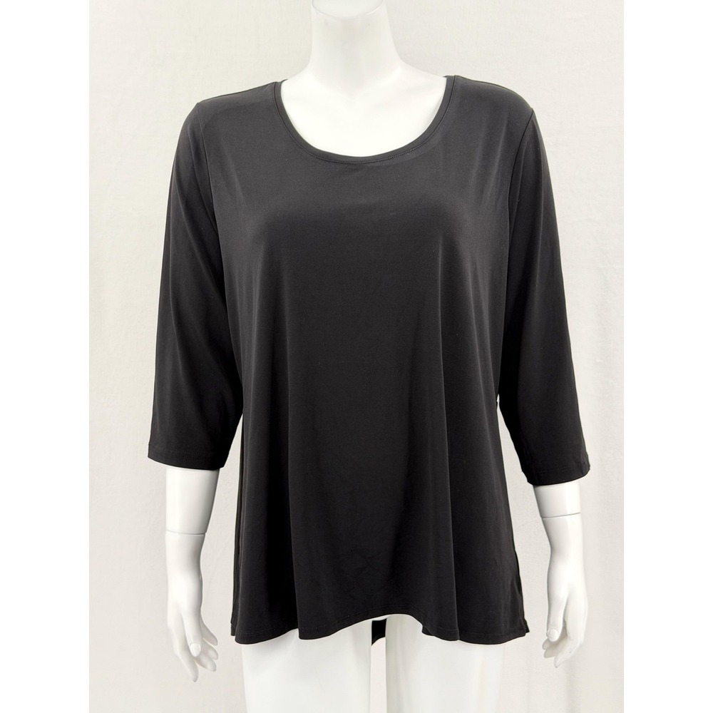 Susan Graver Top Womens 1X Black 3/4 Sleeve‎ Scoop Neck Liquid Knit Minimalist